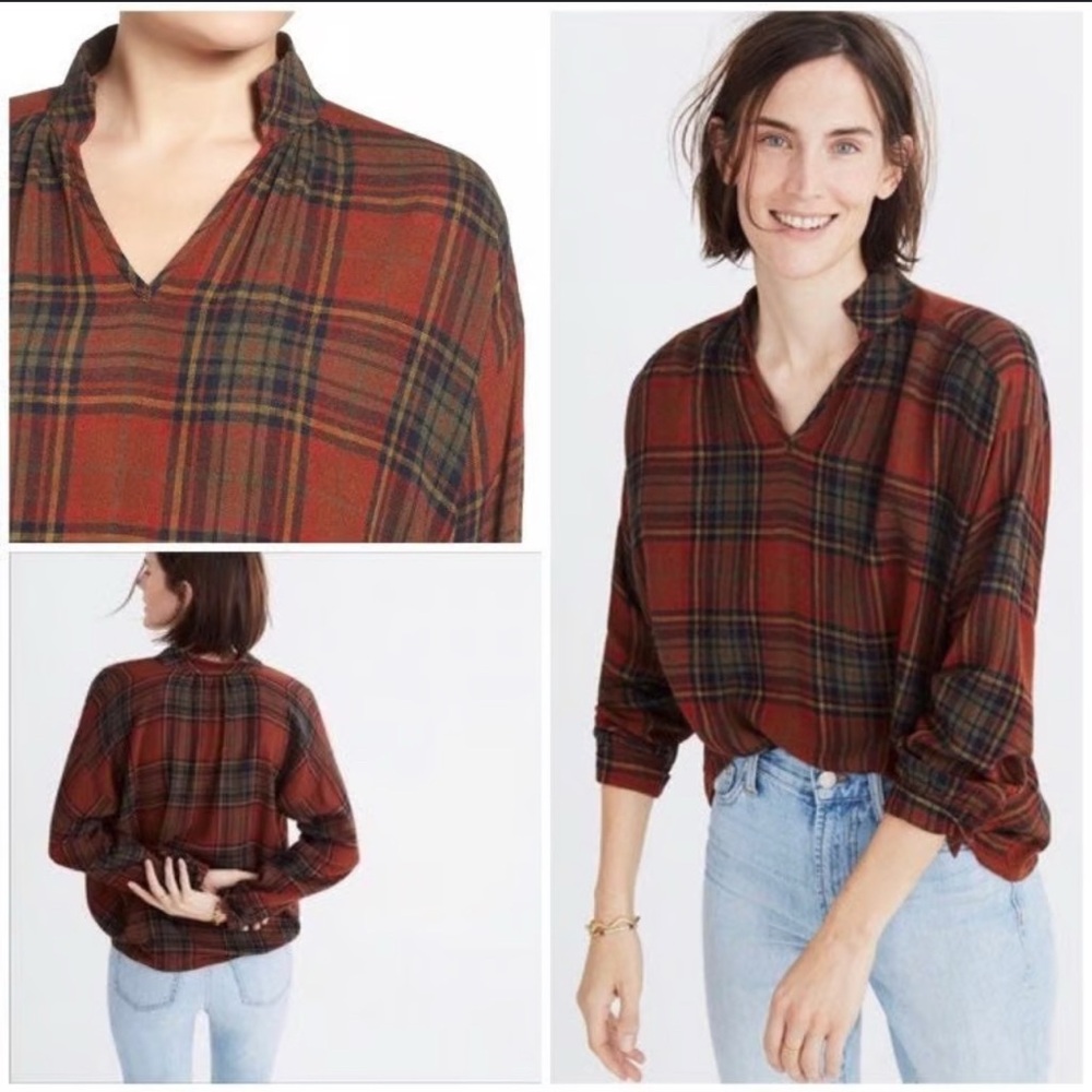 Madewell Brick Red and Brown Plaid V-Neck Blouse | Size Large